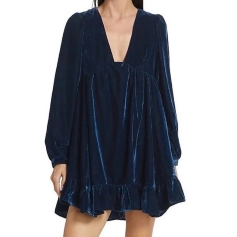 FREE PEOPLE Estella Velvet Babydoll‎ Flounce Mini Dress Blue medium